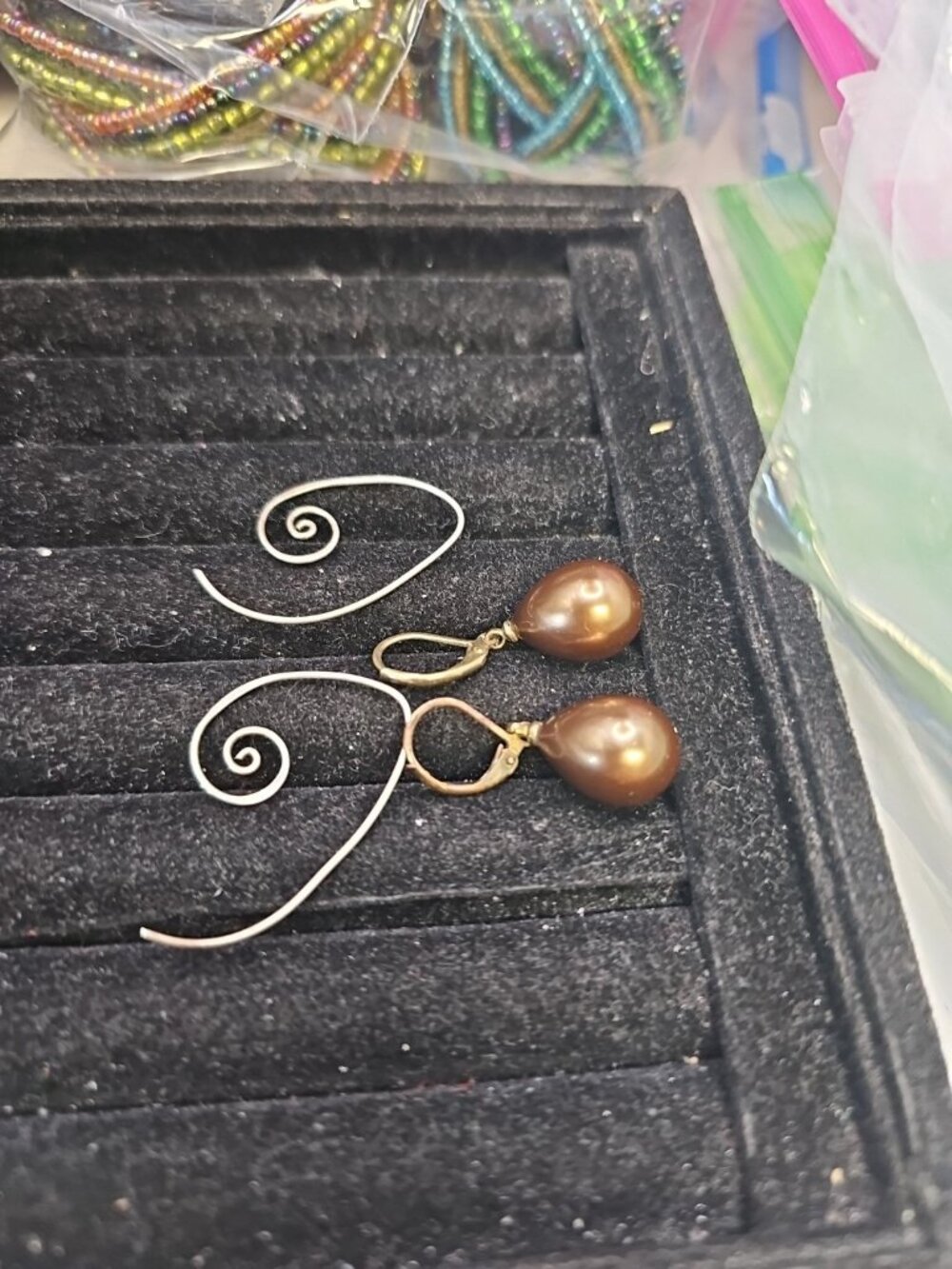 Lot Of 2 Silver Spiral Earrings Pierced Dangle Brown Faux Pearl Teardrop Lever